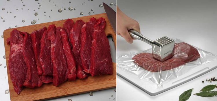 мясо нарезать и отбить кухонным молотком. Вкусно запеченная говядина в духовке.