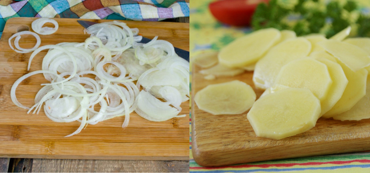 Картофель нарезать на тонкие кружочки. Лук очистить от шелухи и порезать на полукольца.